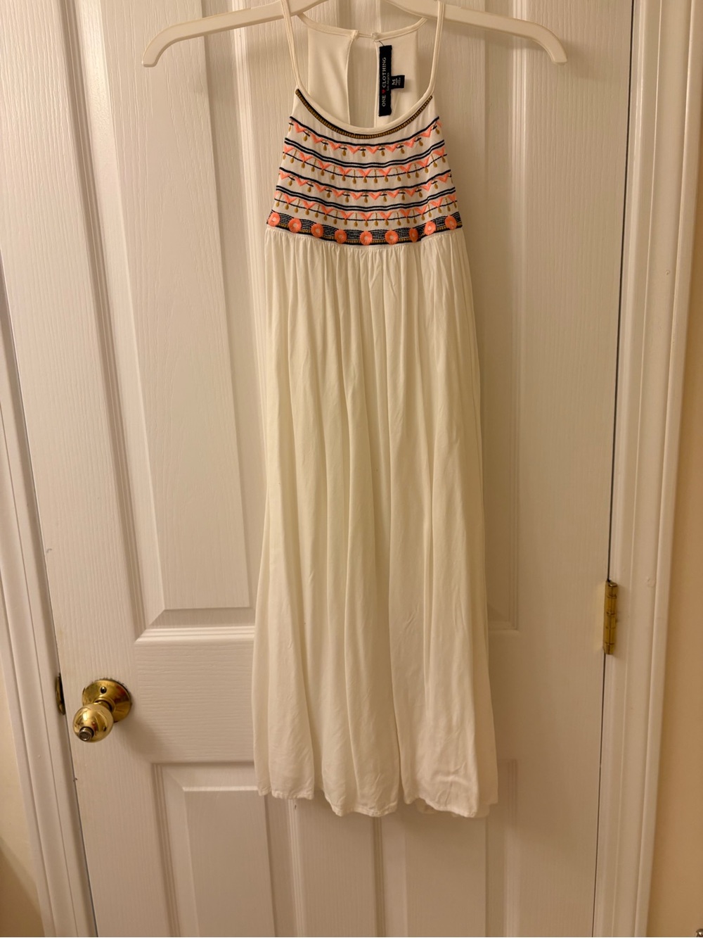 one clothing Cream Maxi Dress with Embroidered Coral and Navy Accents